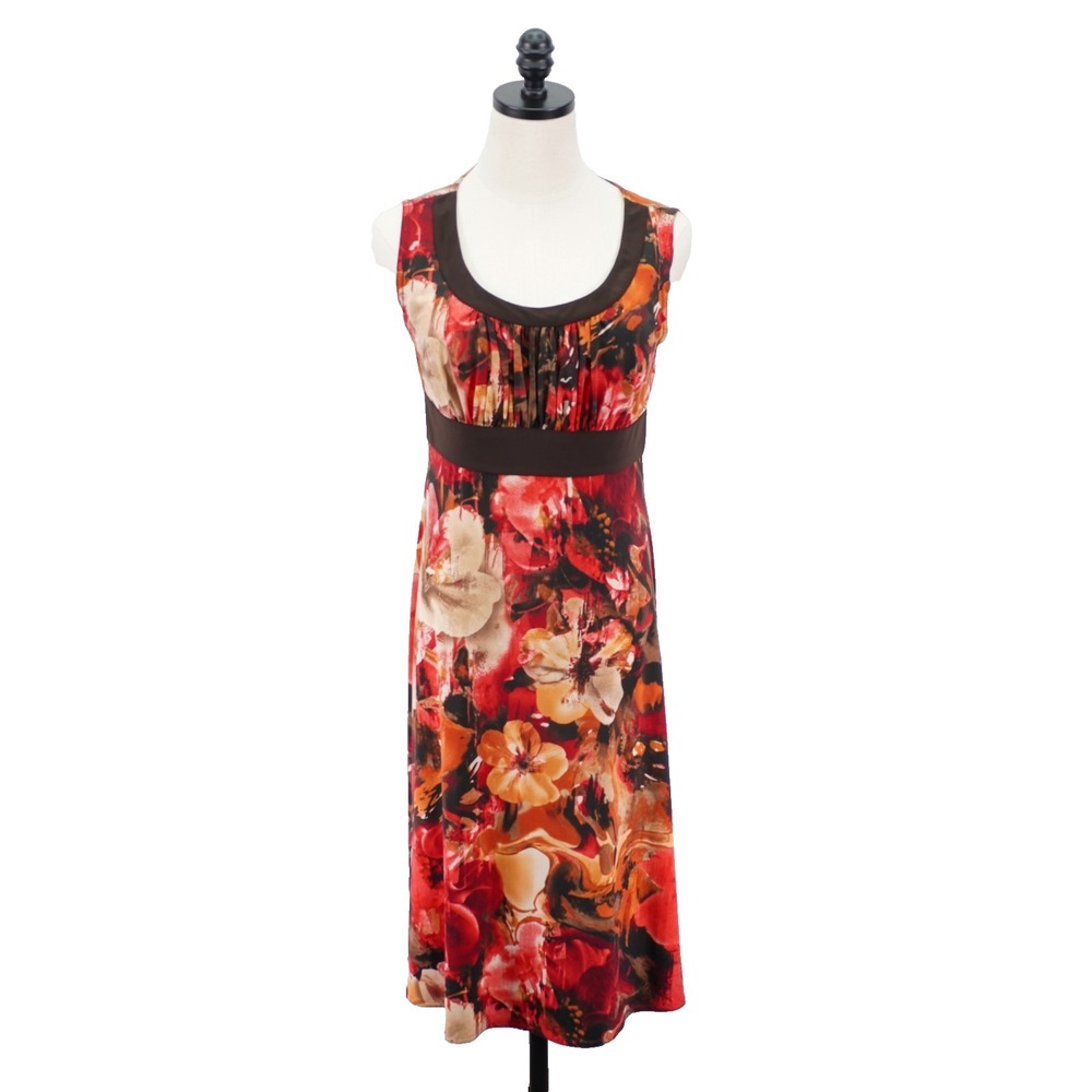 R&M Richards Orange Brown Abstract Floral Midi Dress -8- Polyester Spandex Sleev